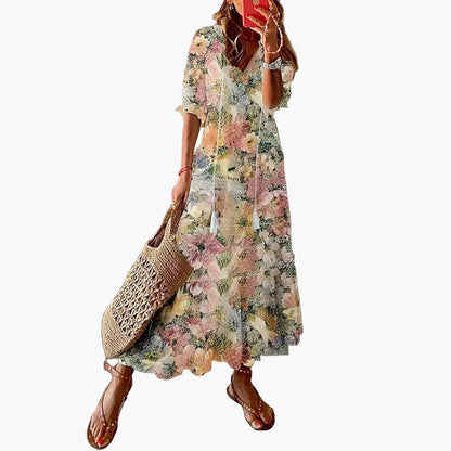 Damen Boho Maxikleid Sommer Freizeitkleid mit Blumenmuster und V-Ausschnitt – Perfekt für Strand & Alltag