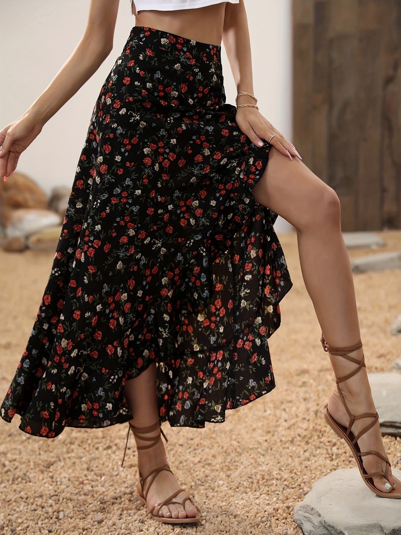 Damen Eleganter Maxirock mit Blumenmuster und Volant, Sommer Freizeitmode