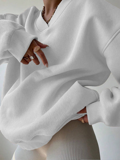 Damen Oversize Sweatshirt V-Ausschnitt Langarm Weiß