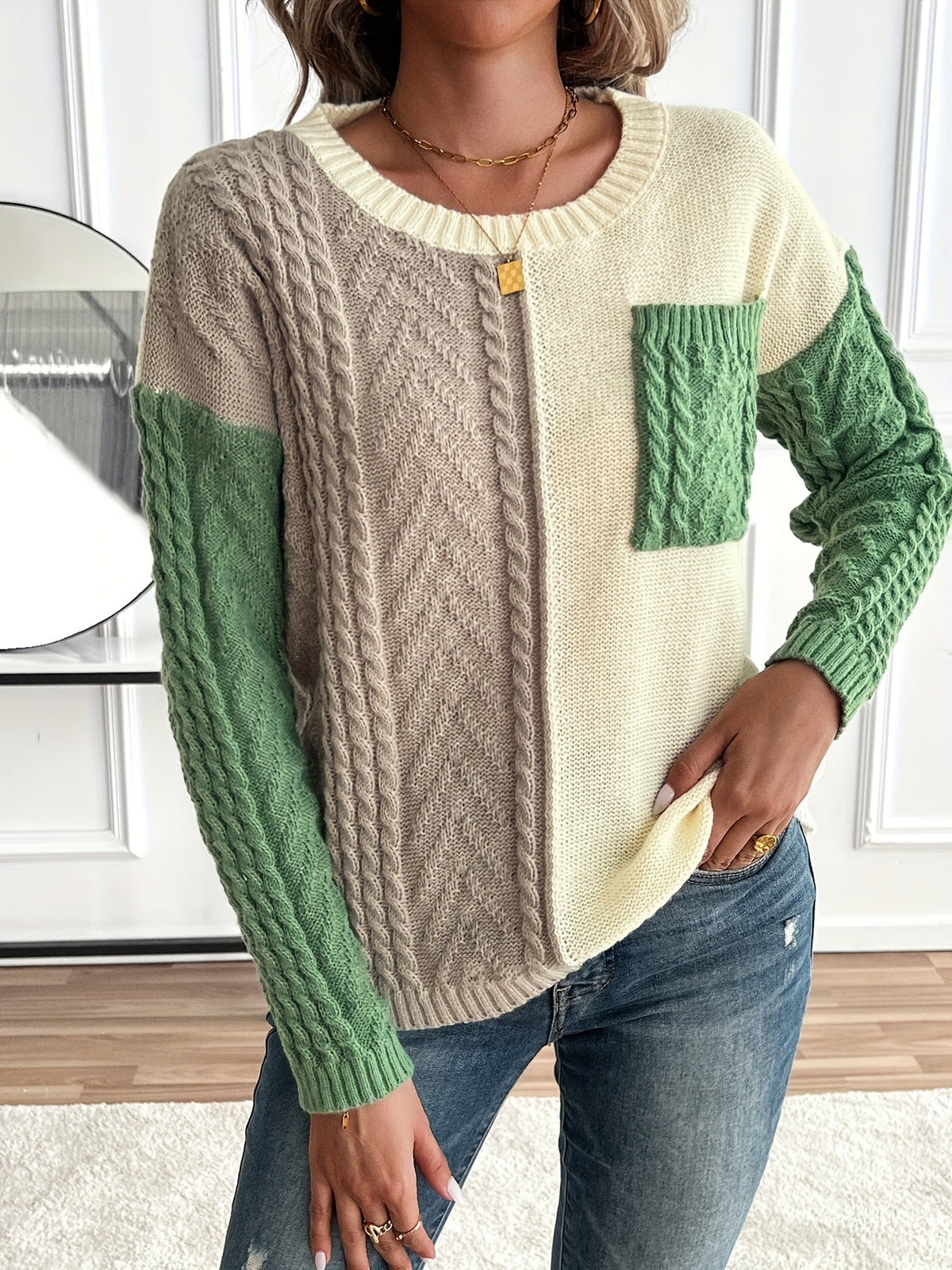 Damen Patchwork Strickpullover mit Rundhalsausschnitt und Zopfmuster