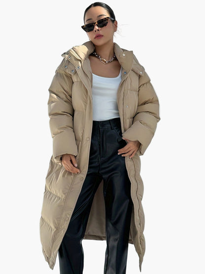Damen Steppmantel Lang Elegant Winterjacke mit Kapuze und Reißverschluss