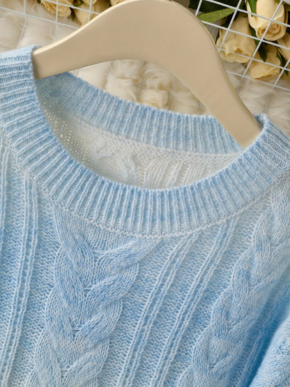 Damen Grobstrickpullover Hellblau Weiß Zopfmuster Rundhals Weicher Pullover