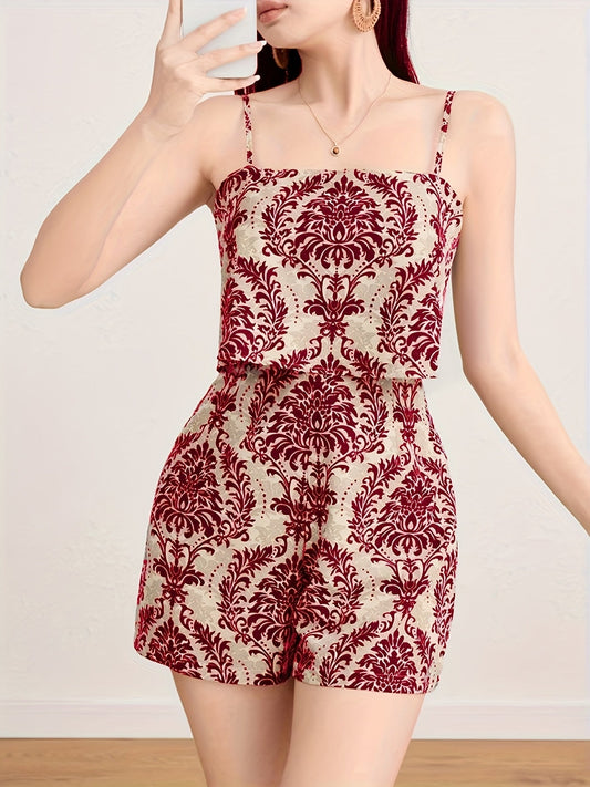 Damen Jumpsuit mit Spaghettiträgern und elegantem Ornament-Muster – Modischer Einteiler für Freizeit und Ausgehen