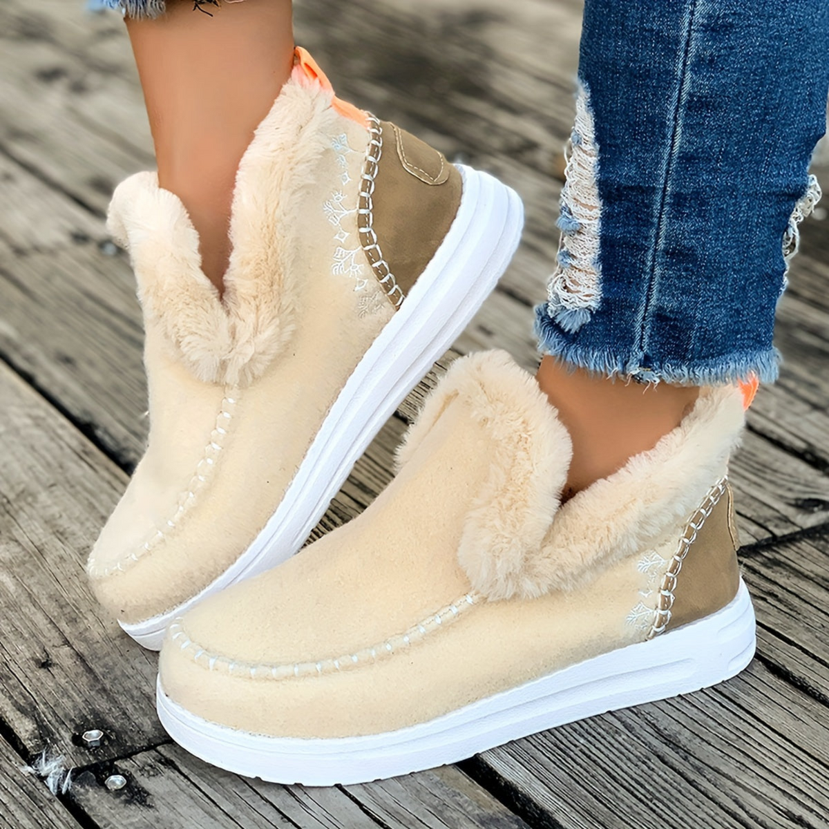 Damen Winter Warmfutter-Boots mit Kunstfellfutter Beige