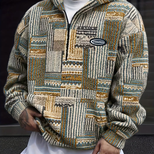 Unisex Patchwork Teddy Fleece Hoodie mit Reißverschluss & Kapuze