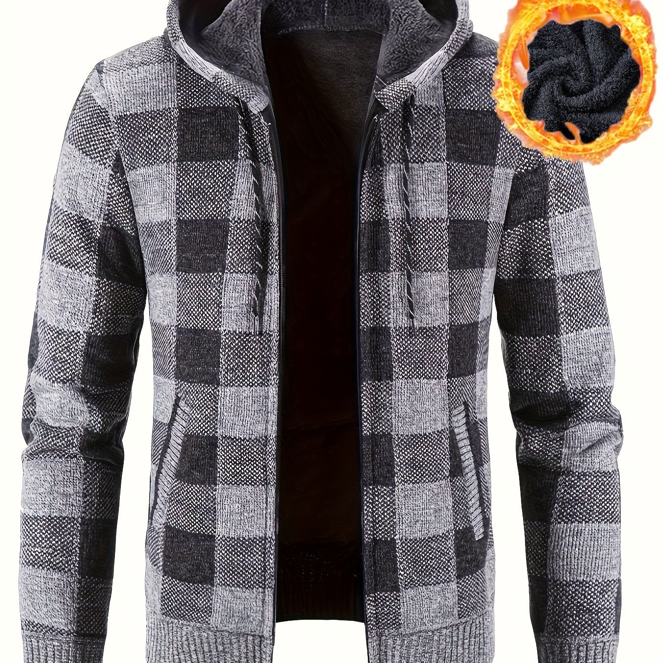 Herren Hoodie mit Reißverschluss, kariert, gefüttert, warm, Braun Schwarz