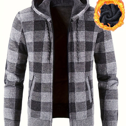 Herren Hoodie mit Reißverschluss, kariert, gefüttert, warm, Braun Schwarz