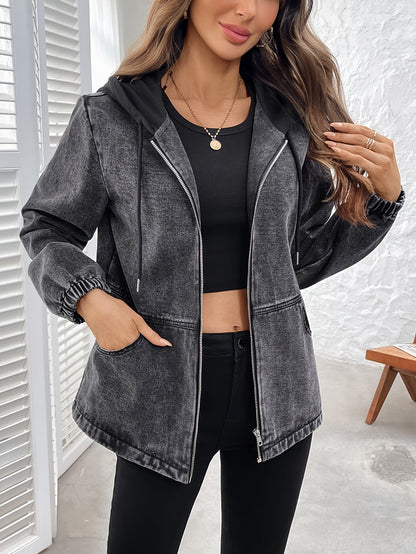 Damen Jacke mit Kapuze & Reißverschluss, verwaschene Optik, Grau