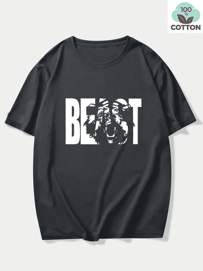 Herren T-Shirt mit "BEAST" Statement und Löwenkopf-Design – Urban Streetwear, Oversize Look