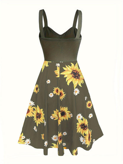 Damen Vintage Sommerkleid mit Sonnenblumenmuster und Knopfleiste – Ideal für Freizeit und Urlaub