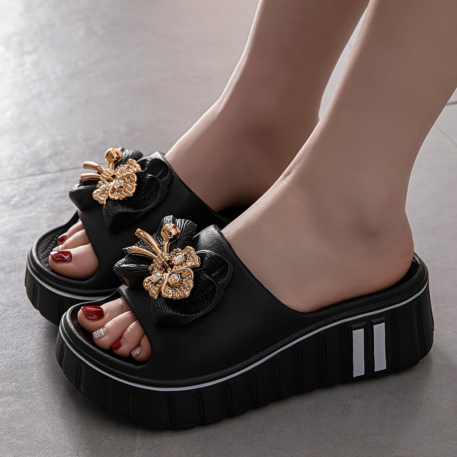 Damen Plateau-Slides mit floraler Applikation und modernem Design – Modische Freizeitsandalen