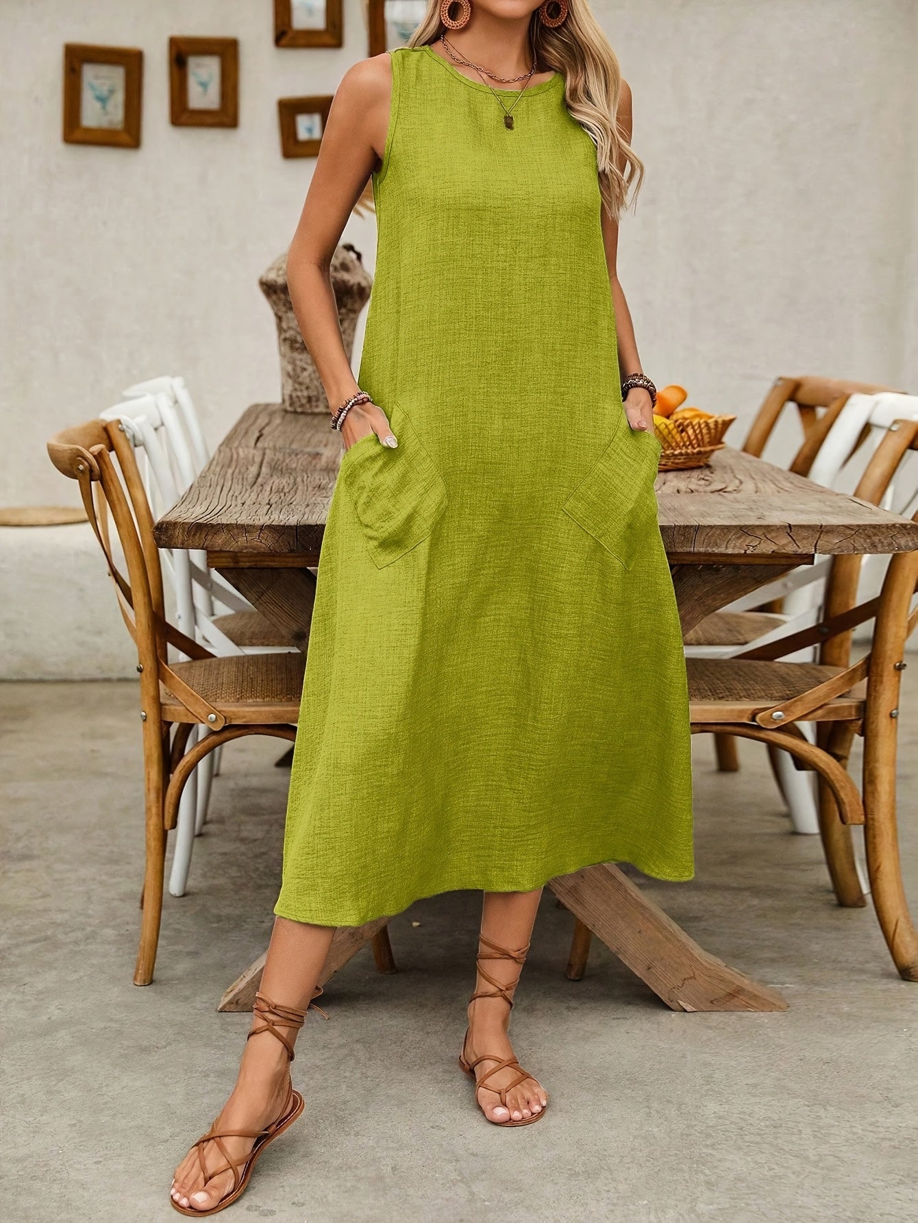 Damen Freizeit Midikleid ärmellos mit Taschen – Sommer Boho Look für Alltag und Urlaub
