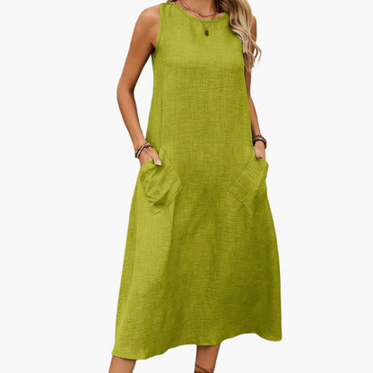 Damen Freizeit Midikleid ärmellos mit Taschen – Sommer Boho Look für Alltag und Urlaub