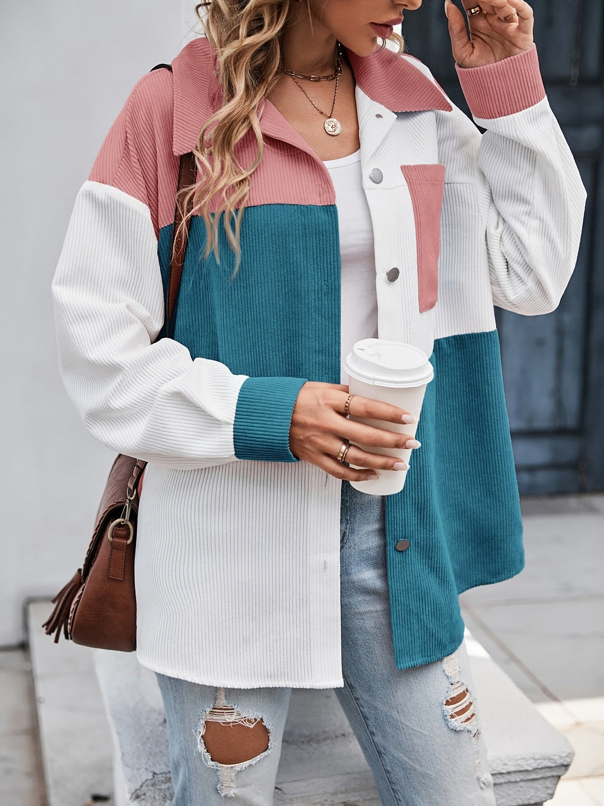 Damen Hemdjacke Cord Colorblock Mehrfarbig Langarm mit Kragen