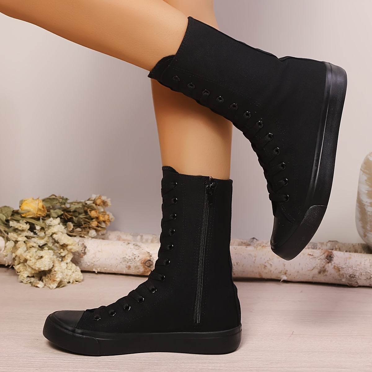Damen High-Top-Sneaker Schnürstiefel mit Reißverschluss, Knöchelhoch, Stoffoptik