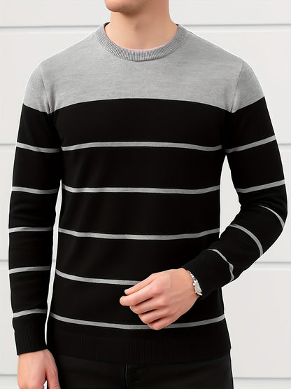 Herren Rundhals Pullover mit Blockstreifen und Rippbündchen