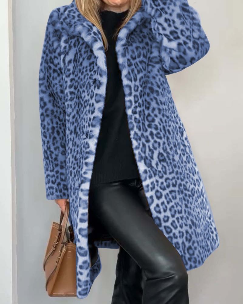 Damen Leopard Print Mantel Warmer Kunstfell-Mantel mit Reverskragen