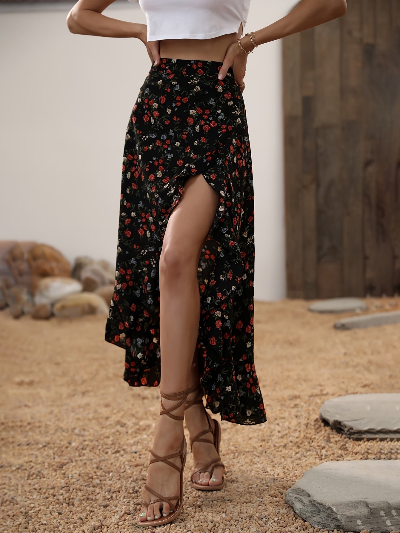 Damen Eleganter Maxirock mit Blumenmuster und Volant, Sommer Freizeitmode