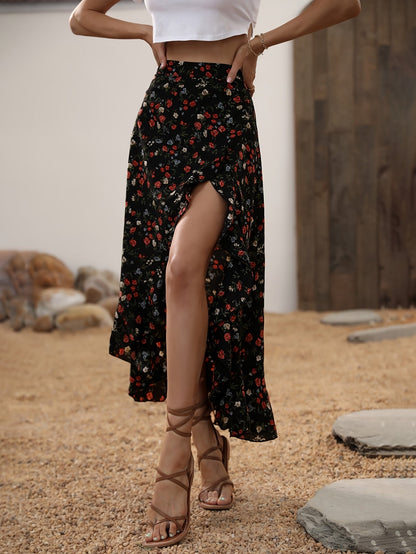 Damen Eleganter Maxirock mit Blumenmuster und Volant, Sommer Freizeitmode