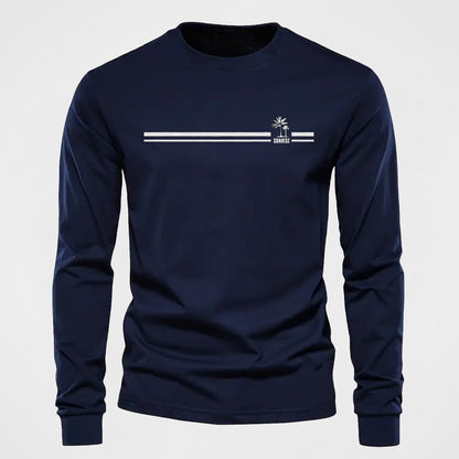 Herren Langarmshirt mit Rundhalsausschnitt und Streifen-Palmen-Print