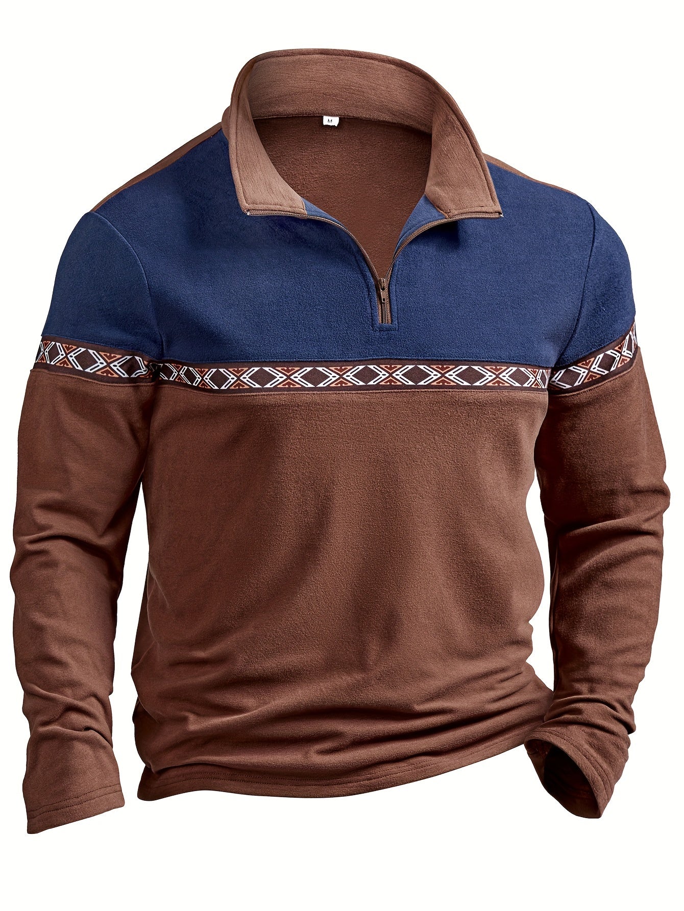 Herren Halb-Reißverschluss Pullover Braun Blau mit Ethno-Muster Stehkragen