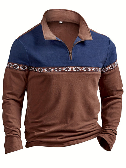 Herren Halb-Reißverschluss Pullover Braun Blau mit Ethno-Muster Stehkragen