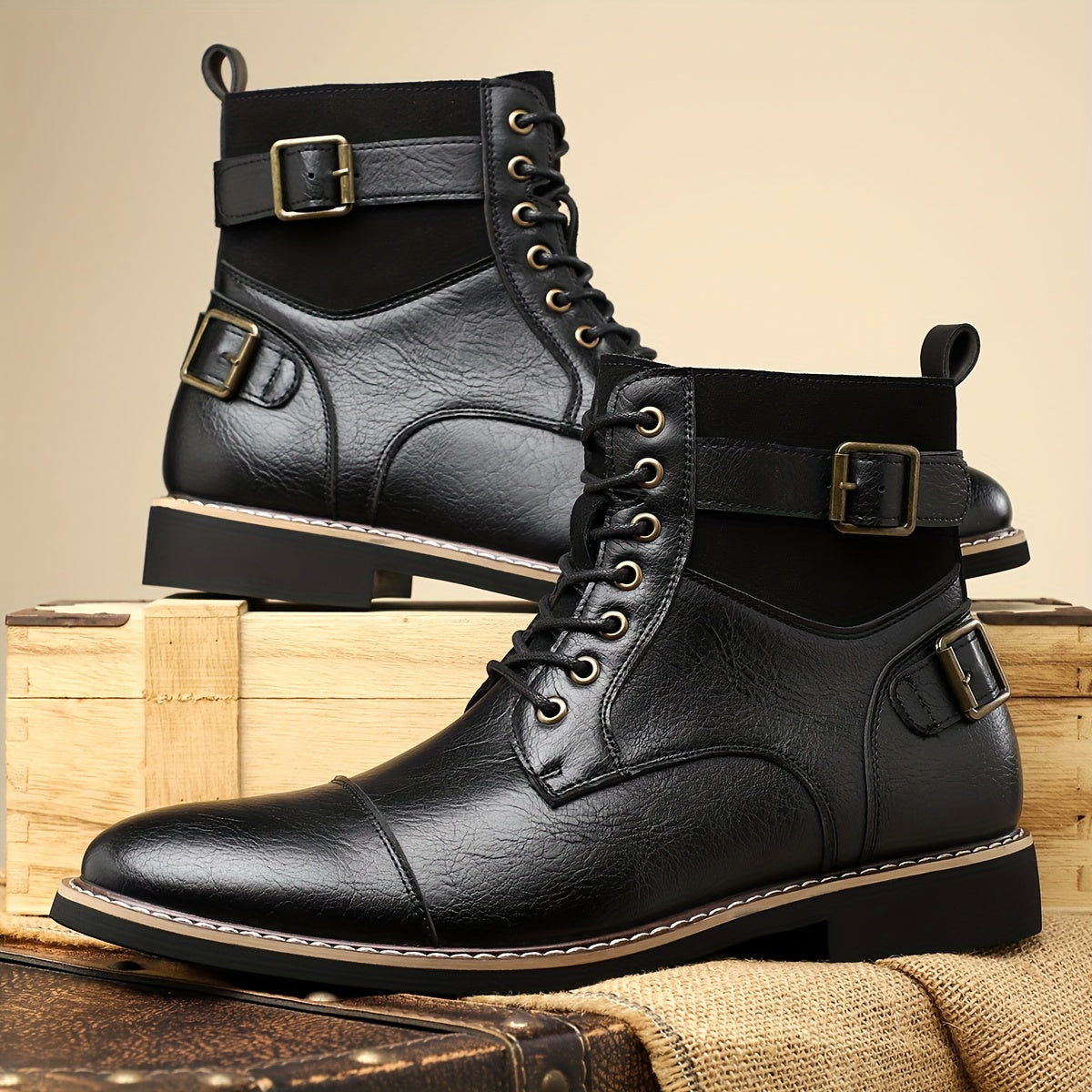 Herren Schnürstiefel Hoher Schaft mit Schnallenakzent Cap-Toe