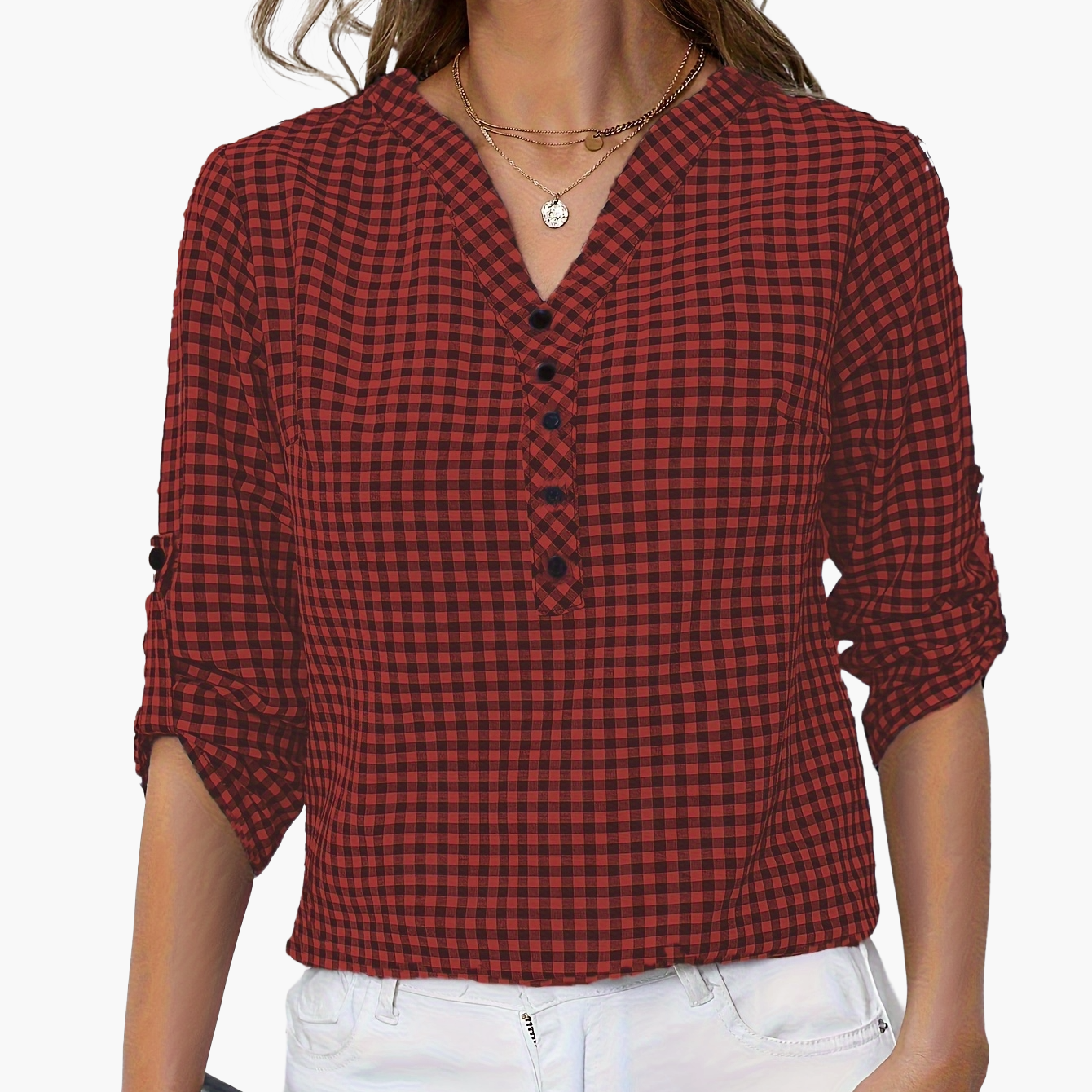 Damen Casual Karo Bluse mit Knopfleiste und 3/4-Ärmeln – Perfekt für Alltag & Büro