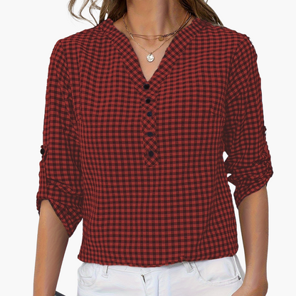 Damen Casual Karo Bluse mit Knopfleiste und 3/4-Ärmeln – Perfekt für Alltag & Büro