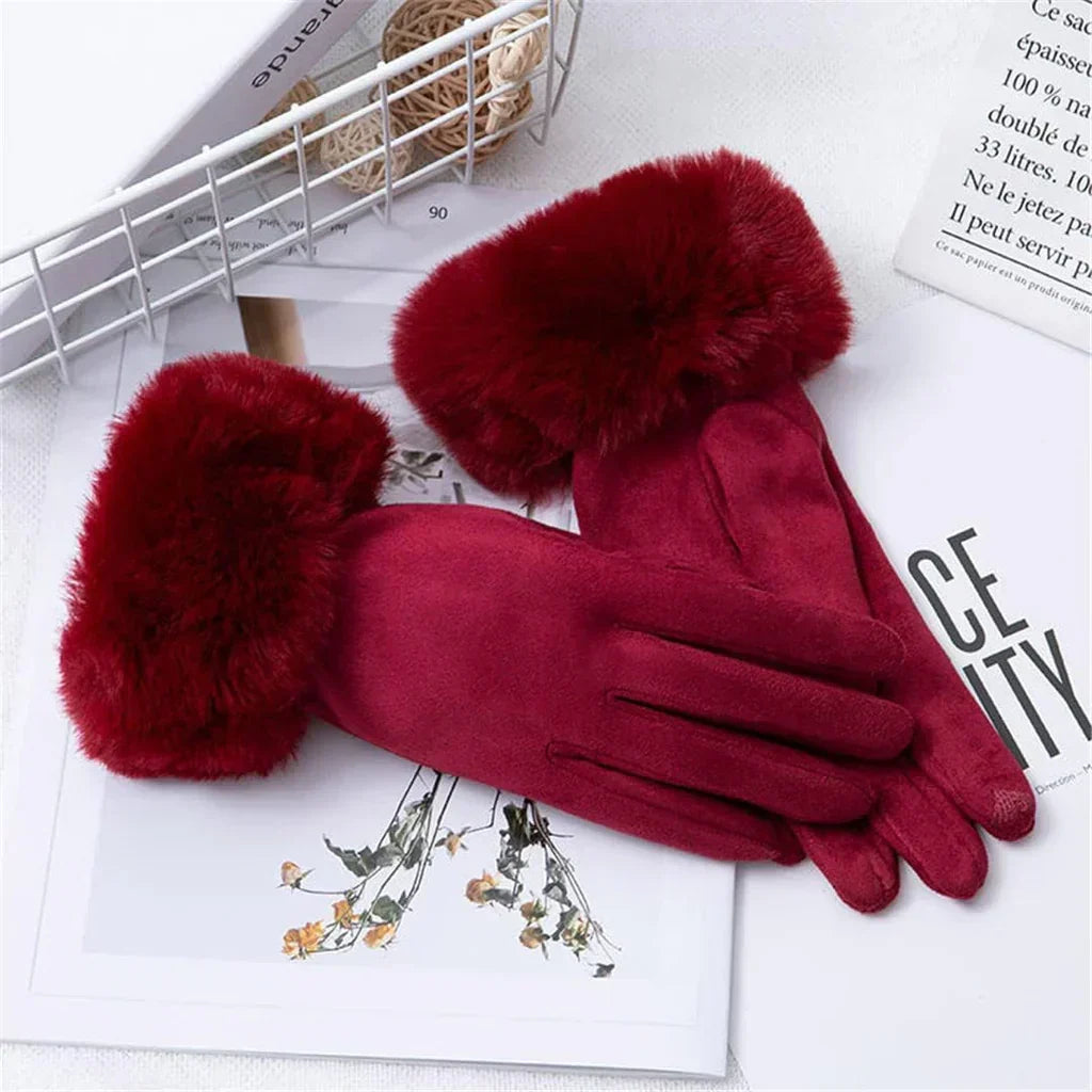 Damen Handschuhe mit Kunstfellbesatz, weich gefüttert, Rosa
