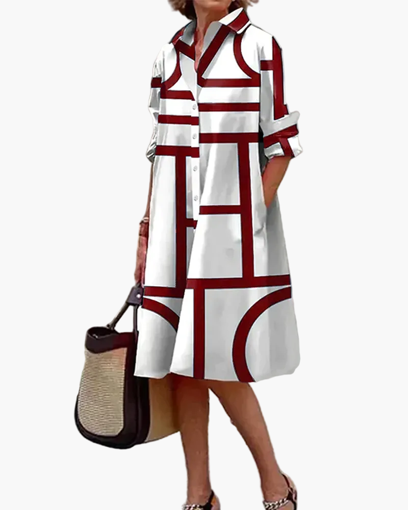 Damen Shirtkleid mit geometrischem Print und Taschen – Eleganter Freizeit- und Büro-Look