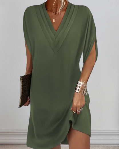 Damen Kleid Elegant V-Ausschnitt Kurzarm Sommer Freizeitkleid mit Schlitz