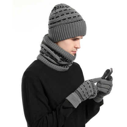 Unisex Wintermütze Schal Handschuhe Set, Gestricktes Beanie mit Nackenwärmer & Touchscreen-Handschuhen