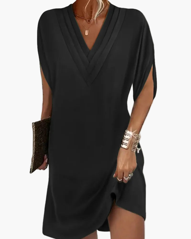 Damen Kleid Elegant V-Ausschnitt Kurzarm Sommer Freizeitkleid mit Schlitz
