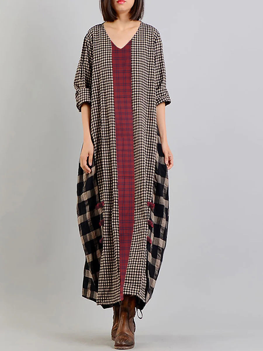 Damen Retro Maxikleid mit Karomuster und V-Ausschnitt – Lässiger Vintage-Stil für Alltag und Freizeit