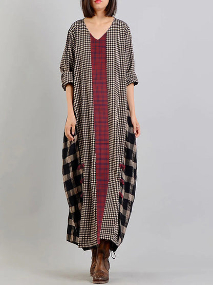 Damen Retro Maxikleid mit Karomuster und V-Ausschnitt – Lässiger Vintage-Stil für Alltag und Freizeit
