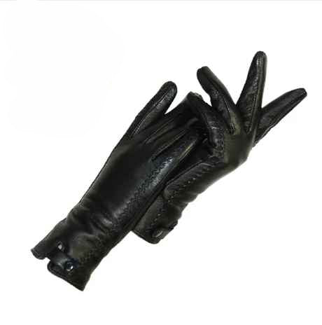 Schwarze Handschuhe aus weichem Material mit Knopfdetails und sichtbaren Nähten
