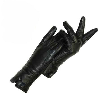 Schwarze Handschuhe aus weichem Material mit Knopfdetails und sichtbaren Nähten