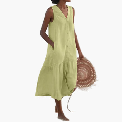 Damen Sommer Strandkleid ärmellos V-Ausschnitt Knopfleiste Freizeitkleid