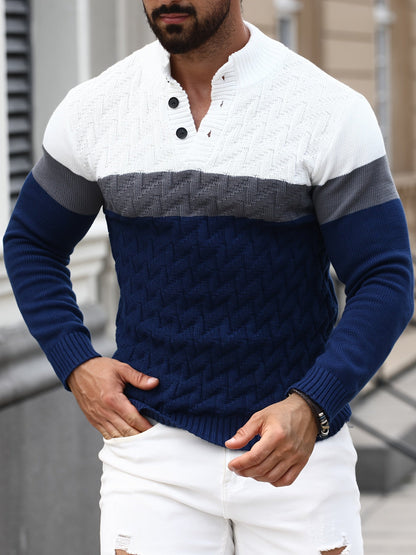 Herren Grobstrickpullover mit Stehkragen und Knopfleiste, mehrfarbig