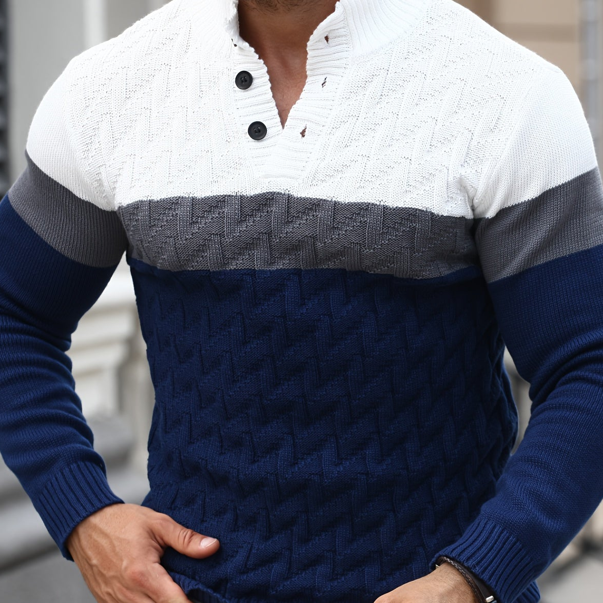Herren Grobstrickpullover mit Stehkragen und Knopfleiste, mehrfarbig