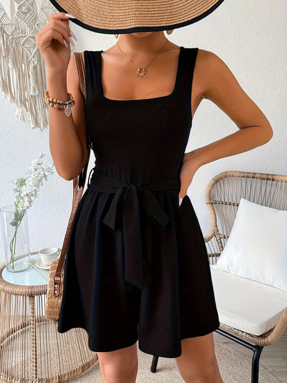 Damen Eleganter Jumpsuit mit Taillengürtel und eckigem Ausschnitt – Perfekt für Freizeit und Sommer