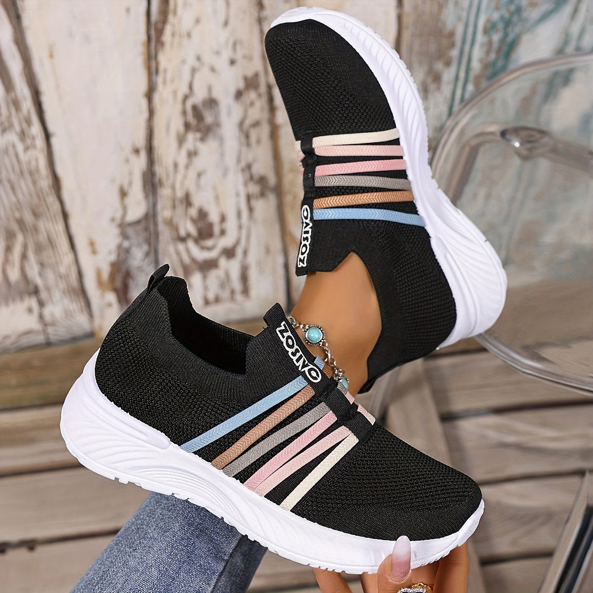 Damen Slip-On Freizeitschuhe mit Streifen – Bequeme Alltagssneaker für Freizeit & Spaziergänge