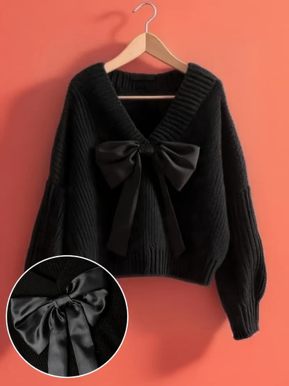 Damen Strickpullover V-Ausschnitt mit großer Schleife, Langarm