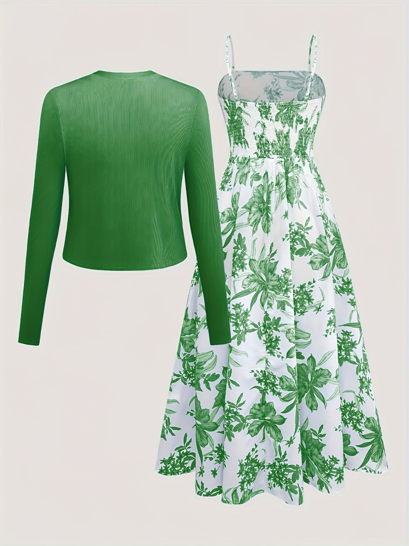 Damen Midikleid mit Blumenmuster und Cardigan – Elegantes Freizeit-Outfit Set für Frühling & Sommer