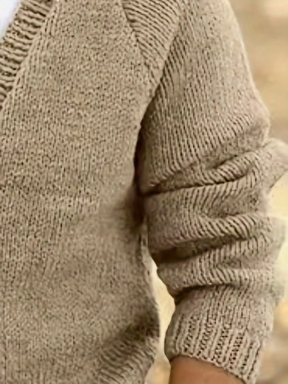 Herren Strickjacke Beige V-Ausschnitt Knopfleiste Lange Ärmel Grobstrick