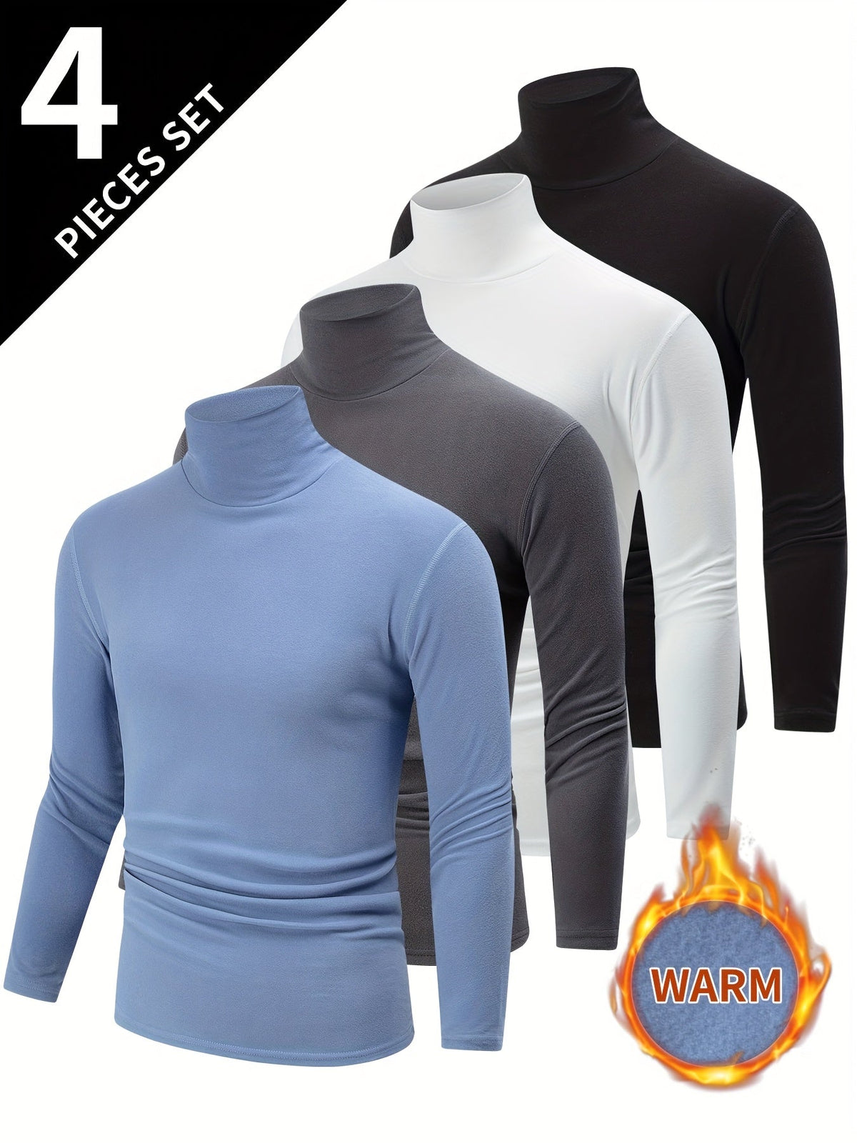 Herren Rollkragenpullover Langarmshirt Slim Fit 4er-Set Schwarz Weiß Grau Blau