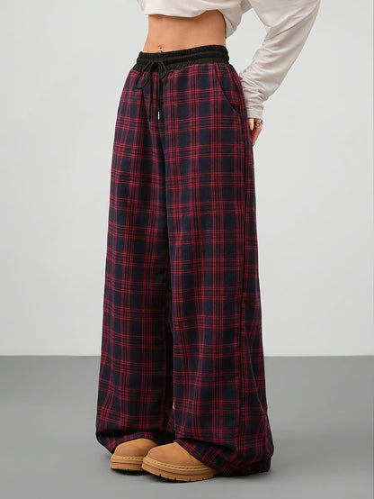 Damen Weite Loungehose mit Kordelzug im Karomuster – Bequeme Freizeithose für Alltag und Zuhause
