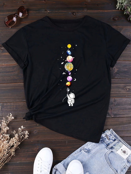 Damen T-Shirt mit Astronaut und Planeten Grafik – Stilvolles Freizeitshirt für Weltraumfans
