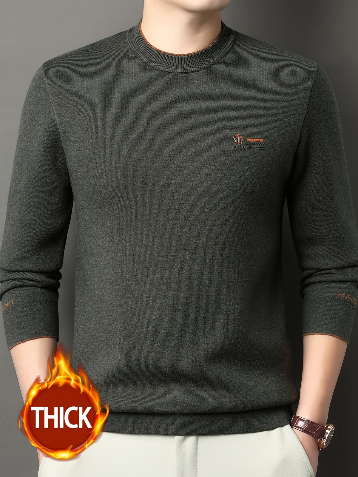 Herren Pullover Rundhals Langarm Strickpullover Warmgefüttert mit Rippbündchen